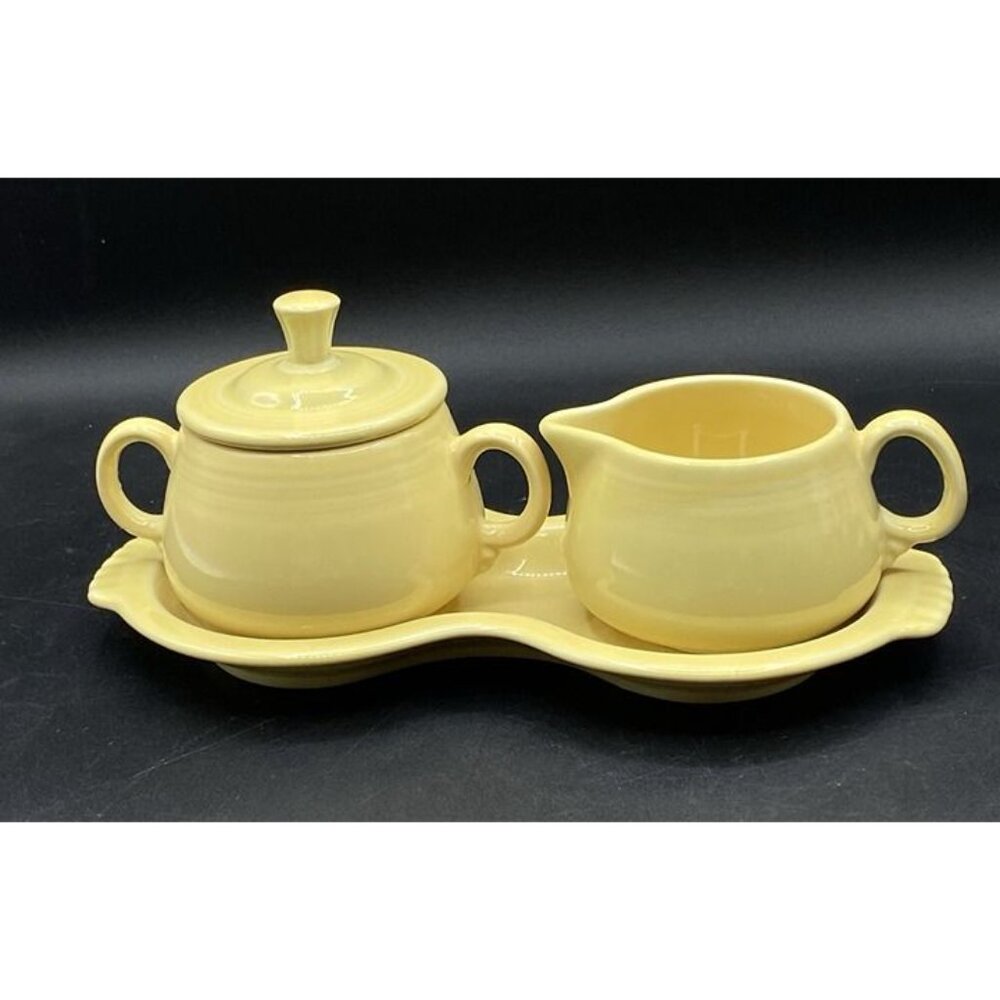 Fiesta Sugar Bowl & Creamer w Base Plate Set Sunflower Yellow - Picture 5 of 11